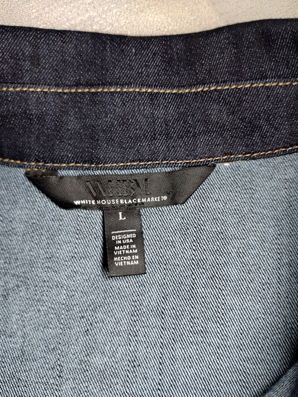 White House Black Market Navy Blue Denim Jacket with Gold Accents - Picture 11 of 12